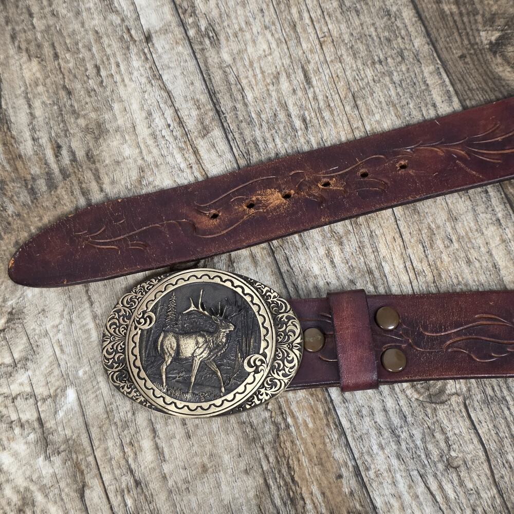 VNT Solid Brass Elk Vintage Belt Buckle Award Design Medals Tooled Leather Belt